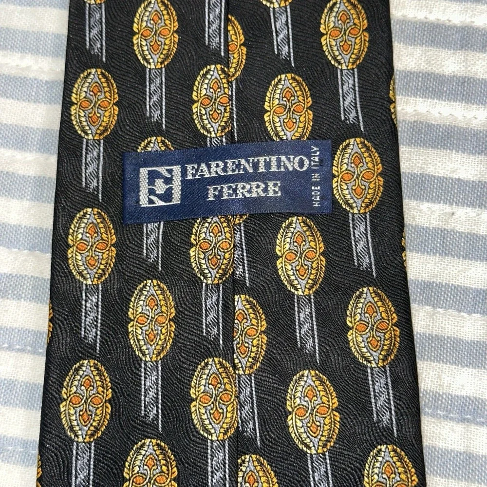 Ferrentino Ferre 100% Silk Tie Made In Italy Black Gold Geometric Luxury Necktie